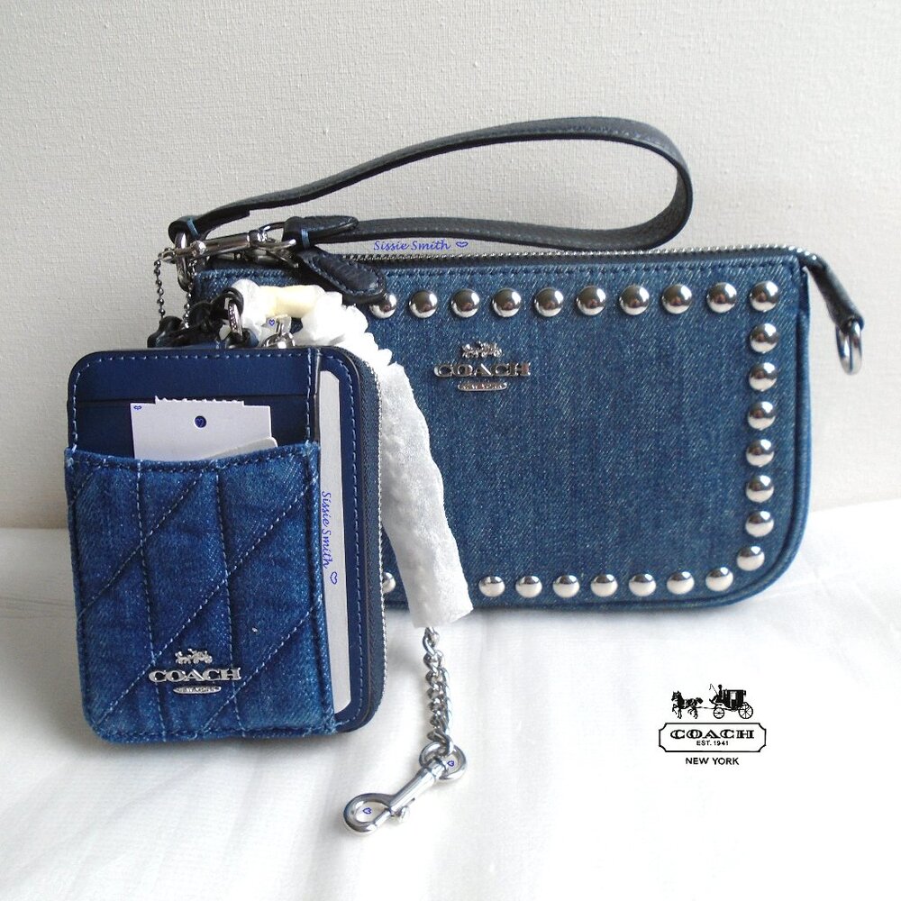 NWT Coach Nolita 19 In Denim with Rivets & Denim Chained Id Case